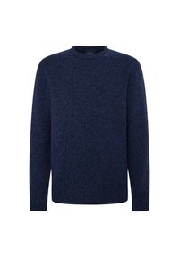 Maglione lavorato a maglia blu navy con maniche lunghe e scollatura a girocollo. Presenta un delicato motivo a texture e polsini e orlo a costine.