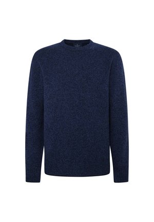 Tmavomodrý pletený sveter s dlhými rukávmi a okrúhlym výstrihom. Obsahuje jemný textúrovaný vzor a rebrované manžety a lem.