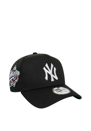 Black baseball cap with white embroidered "NY" logo on front, adjustable strap, flat brim, featuring colorful stitched graphic on side.