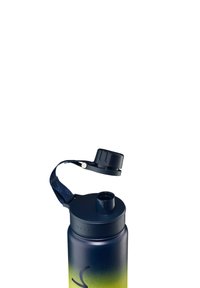 Edelstahl-Wasserflasche mit einem navy-gelben Farbverlauf. Verfügt über einen strukturierten Griffer, einen Klappdeckel und einen Tragegurt.