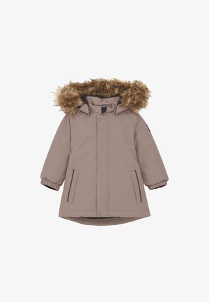 Parka di un tono taupe chiaro con rifiniture in pelliccia sintetica sul cappuccio, maniche lunghe, chiusura a bottoni e due tasche laterali; tessuto liscio con polsini elasticizzati.