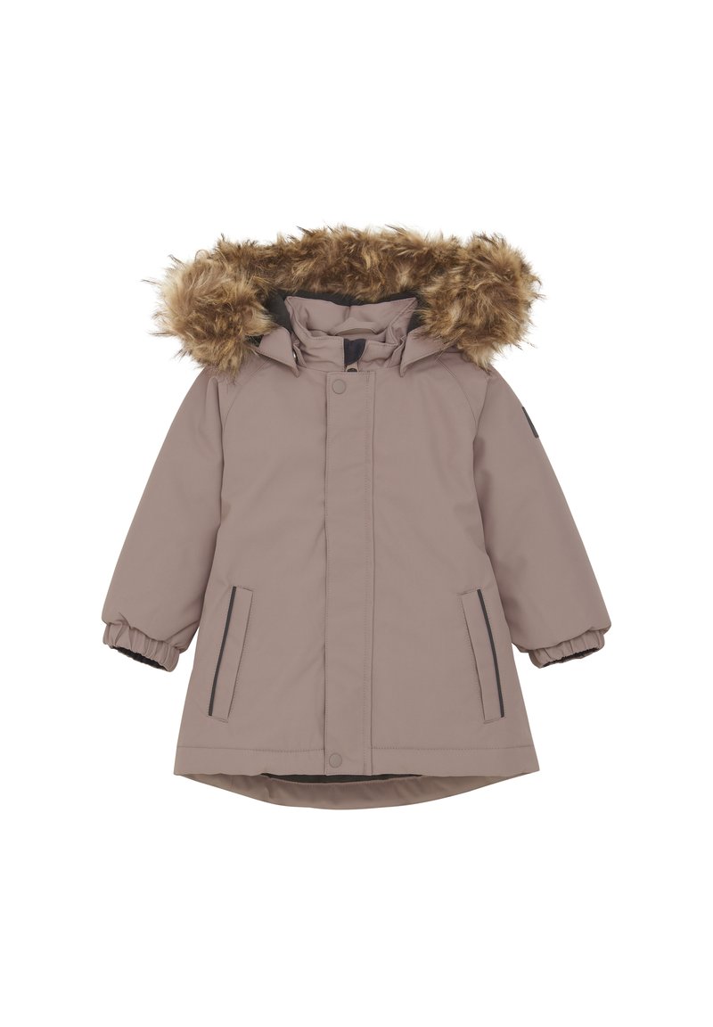 Ljus taupe parkas med fuskpäls på huven, långa ärmar, knappstängning och två sidofickor; slät tyg med elastiska manschetter.