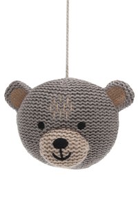 Knitted bear head figurine in gray and tan. Features round ears, stitched facial details, and a hanging twine. Soft texture.