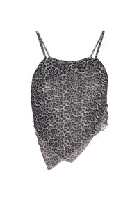 Gennemsigtig grå camisole med sort leopardprint, der har justerbare tynde stropper og en lagdelt, asymmetrisk kant.