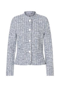 Tweed jasje in blauw en wit met een textuurpatroon. Rond kraag, lange mouwen en vijf knopen aan de voorkant. Getailleerde pasvorm.