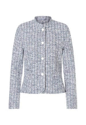Tweed jacket in blue and white with a textured pattern. Rounded collar, long sleeves, and five front buttons. Tailored fit.