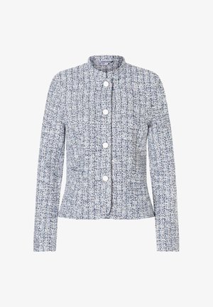 Tweed jacket in blue and white with a textured pattern. Rounded collar, long sleeves, and five front buttons. Tailored fit.