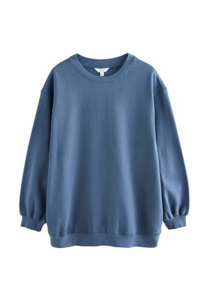 Niebieski sweter z okrągłym dekoltem, długimi, bufiastymi rękawami i ściągaczami na końcach rękawów. Wykonany z miękkiej tkaniny o gładkiej fakturze.