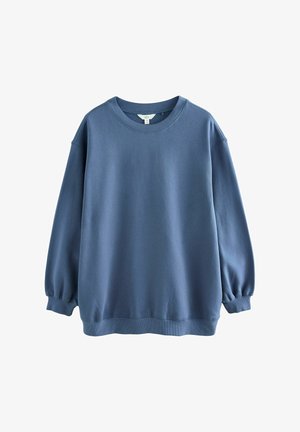 Niebieski sweter z okrągłym dekoltem, długimi, bufiastymi rękawami i ściągaczami na końcach rękawów. Wykonany z miękkiej tkaniny o gładkiej fakturze.