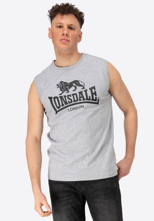 Gray, sleeveless shirt with round neckline, featuring a black lion graphic and "LONSDALE LONDON" text across the chest, made from a soft fabric.