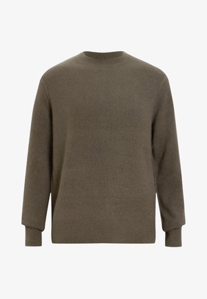 Olijfgroen trui van zacht breimateriaal, met een ronde halslijn, geribbelde manchetten en onderrand, en een subtiele logo detail.