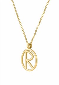 Złoty naszyjnik z okrągłą zawieszką z literą "R" w stylizowanej czcionce. Łańcuszek składa się z małych, połączonych owalnych ogniw.
