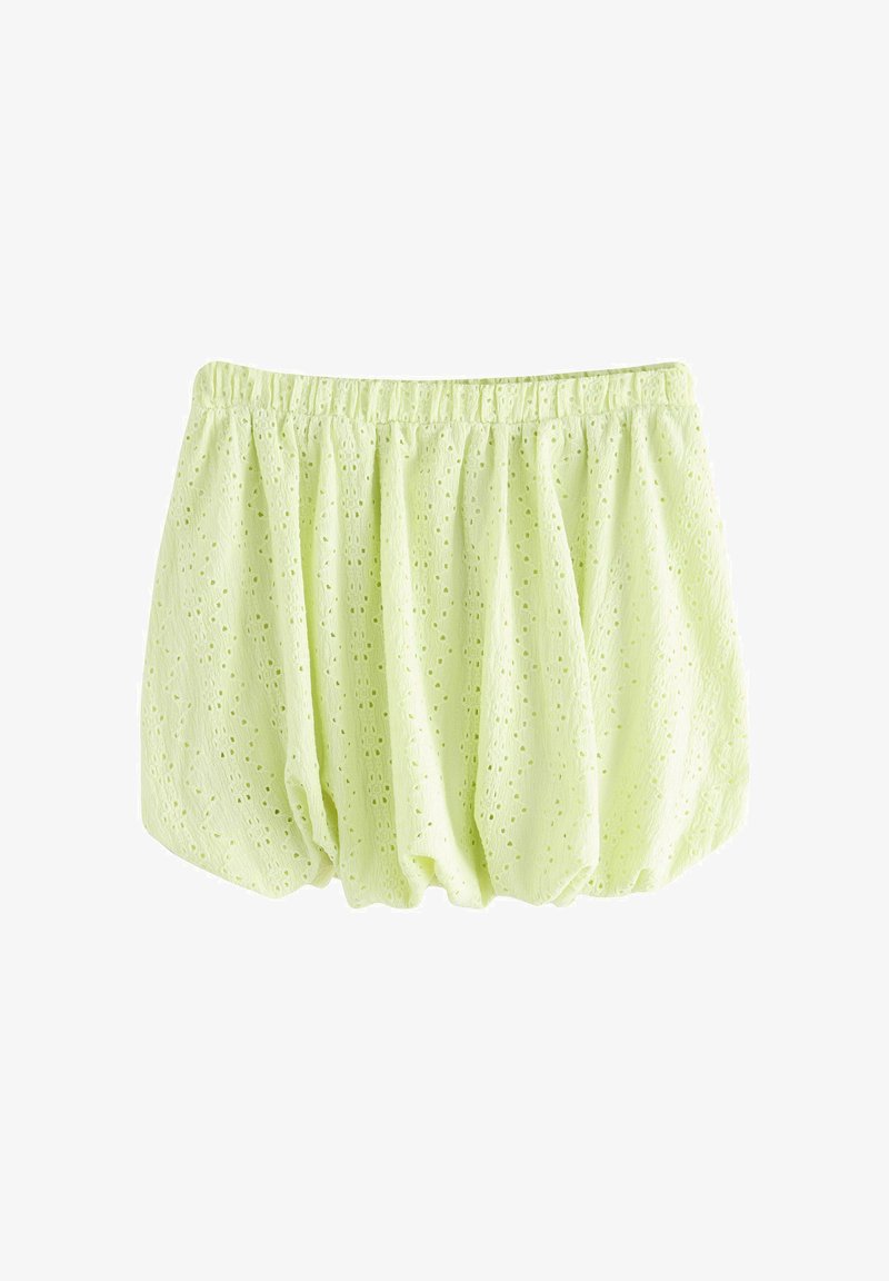 Light green eyelet lace fabric bloomer shorts with elastic waistband and leg openings.