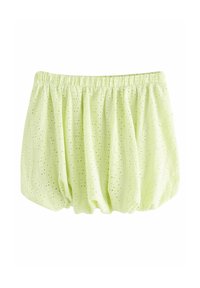 Haut en tissu vert clair avec ceinture élastique, présentant un motif à œillets texturé et un design lâche et froncé.