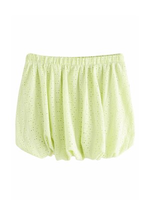 Haut en tissu vert clair avec ceinture élastique, présentant un motif à œillets texturé et un design lâche et froncé.