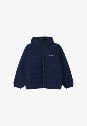 Veste doudoune bleu marine avec capuche, fermeture éclair, poignets élastiques et deux poches avant. Caractérisée par une texture matelassée et un logo discret.