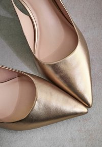 Gold metallic high-heeled shoes with pointed toes and a smooth texture. The interior is nude-colored, featuring a sleek, minimalist design.