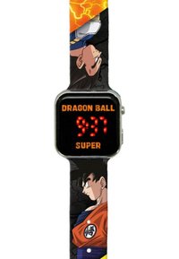 Orologio digitale con quadrante quadrato, display nero che mostra cifre rosse. Il bracciale presenta grafiche colorate e personaggi di "Dragon Ball Super".