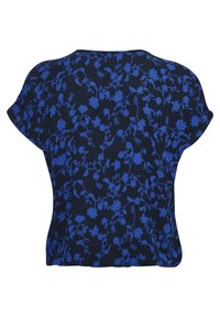 Svart kortärmad blus med klargul blå blommig vinmönster och en något urfryst halsringning, sedd bakifrån.