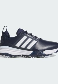 Chaussure de golf Adidas bleu marine et blanche avec trois bandes, lacets, semelle cloutée et marquage "Adipower" sur le côté.