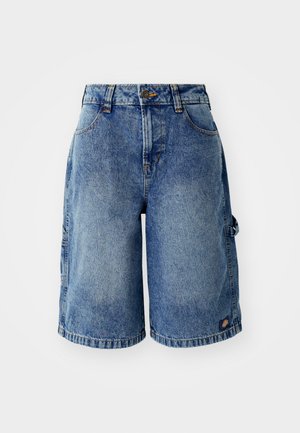 Denim shorts in light blue with a relaxed fit, five pockets, and a button closure. Features stitching accents and a small logo patch.