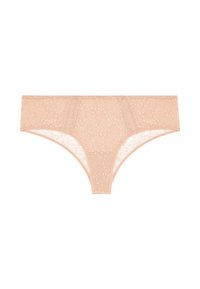 Spitzenstring in zartem Pfirsich mit floralem Muster, einem halbtransparenten Material und einem tief sitzenden Design mit weichem elastischem Bund.