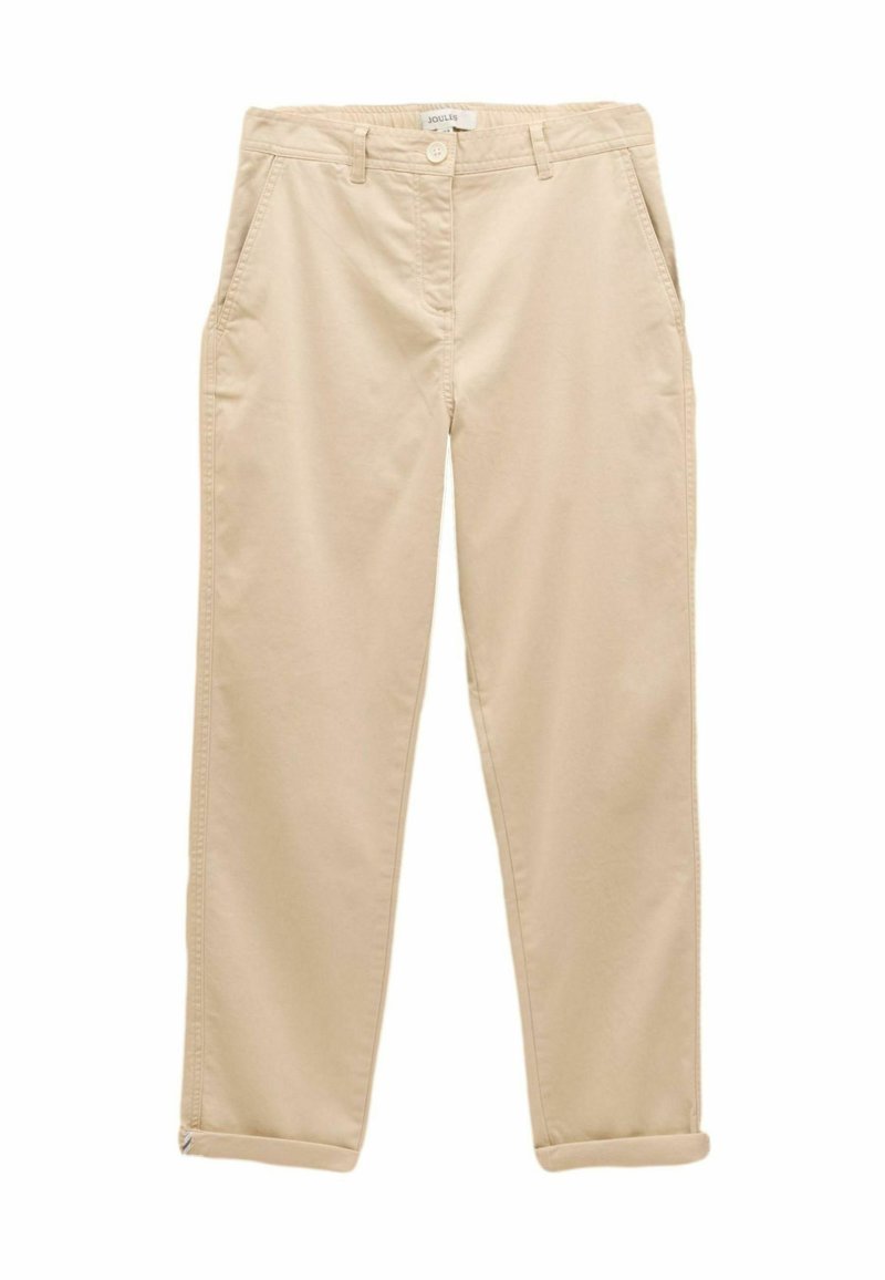 Bēšas kokvilnas bikses ar taisnu kāju griezumu, divām sānu kabatām un uzlocītām aprocēm ērtākai valkāšanai. Viduklī ar pogu aizdari.