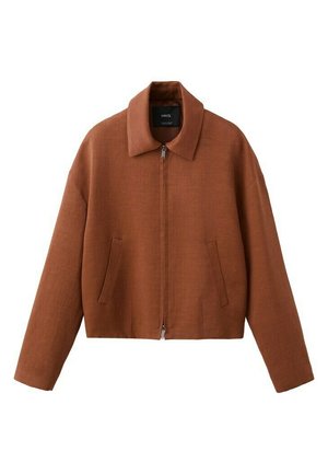 Giacca marrone con cerniera, maniche lunghe, due tasche laterali e colletto largo, mostrata su sfondo bianco.