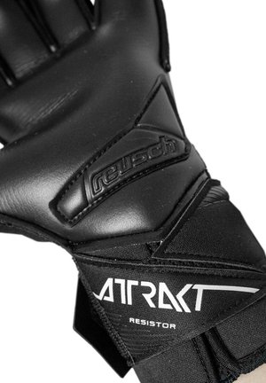 Guanto da portiere nero con logo "reusch" in rilievo sul polso e scritta "ATRAKT RESISTOR" sulla fascia per una vestibilità sicura.