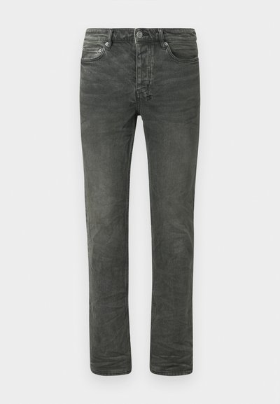 Faded black jeans with a straight leg design, five pockets, button closure, and light distressing on the fabric texture.