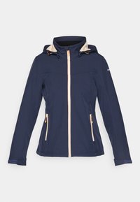 Giacca impermeabile blu navy con cappuccio beige, chiusura frontale con zip, due tasche con zip e coulisse regolabile. Tessuto liscio, design leggero.