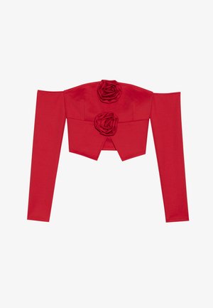 Roter, kurzer Oberteil mit schulterfreien langen Ärmeln. Verfügt über drei Stoffrosen auf der Vorderseite. Hergestellt aus einem glatten, dehnbaren Material.