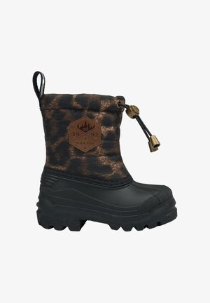 Stivale invernale impermeabile con motivo marrone e nero, suola in gomma testurizzata, chiusura a coulisse superiore e patch logo con disegno di montagna.