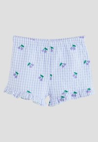 Pantaloni corto a scacchi viola con ciliegie ricamate e foglie verdi. Presentano un orlo arricciato e una vita elasticizzata per il comfort.