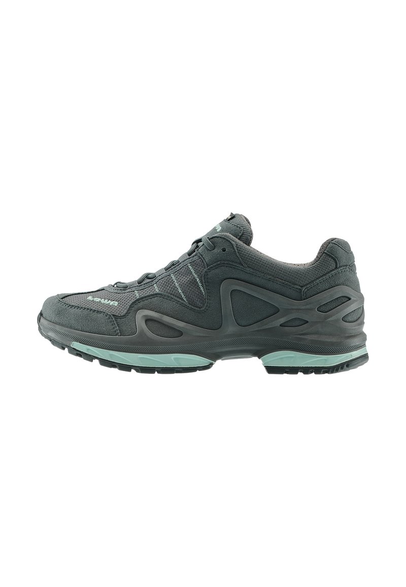 Scarpa sportiva da uomo in grigio scuro, con tomaia in rete e dettagli in camoscio, suola imbottita con un accento teal e design con lacci.