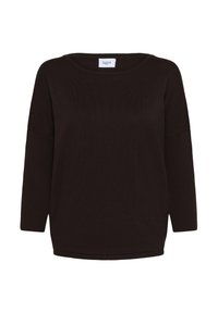 Pull en maille marron foncé à manches longues avec encolure ronde et poignets côtelés, présenté sur un fond blanc.