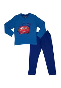 Completo blu a maniche lunghe con pantaloni, decorato con una grafica di auto da corsa rossa e il testo "Pronto per la corsa" sulla parte anteriore del top.