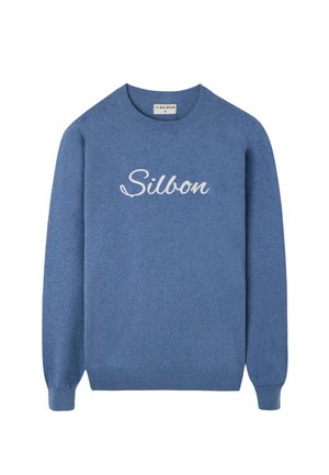 Sudadera azul hecha de tejido suave, con mangas largas, un cuello redondo y el texto en cursiva blanca "Silbon" en el pecho.