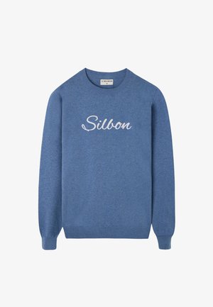 Sudadera azul hecha de tejido suave, con mangas largas, un cuello redondo y el texto en cursiva blanca "Silbon" en el pecho.