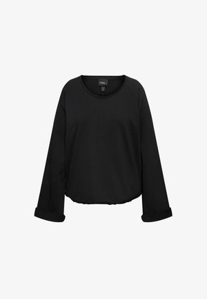 Musta neulepaita, jossa on pitkät hihat, pyöreä pääntie ja resorihaiset helmavarat. Silkkinen rakenne ja rento istuvuus. Ei kuvioita tai yksityiskohtia.