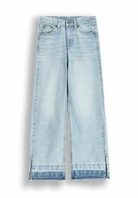Jasnoniebieskie dżinsy o szerokich nogawkach, wykonane z denimu, charakteryzujące się wysokim stanem, przednimi kieszeniami i rozcięciami po bokach u dołu.