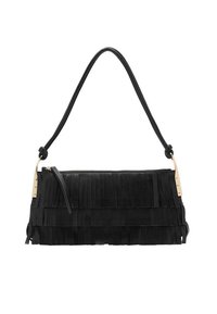 Borsa a frange nera in suede con zip superiore e lunga tracolla. Presenta hardware color oro e una finitura testurizzata.