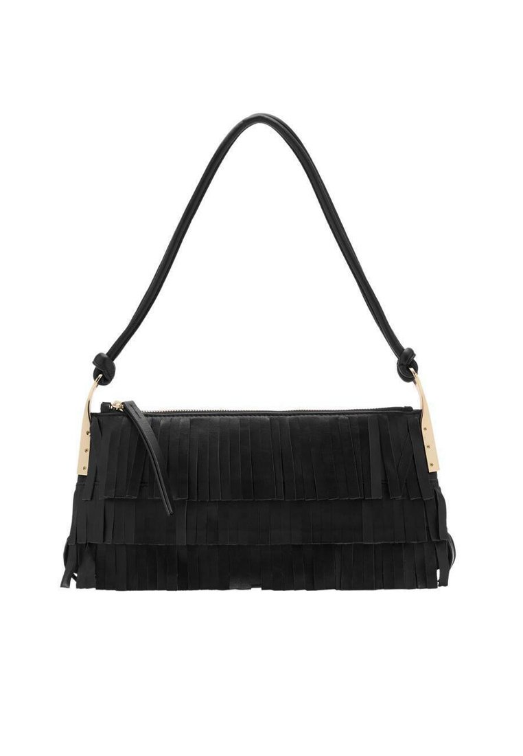 Borsa a frange nera in suede con zip superiore e lunga tracolla. Presenta hardware color oro e una finitura testurizzata.