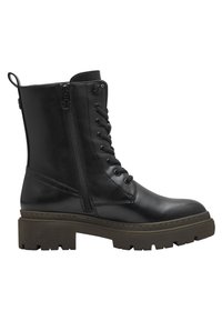 Bottine en cuir noir avec une semelle épaisse, un laçage à l'avant, une fermeture éclair sur le côté et une finition texturée. Caractéristiques : semelle avec des crampons pour une meilleure adhérence.