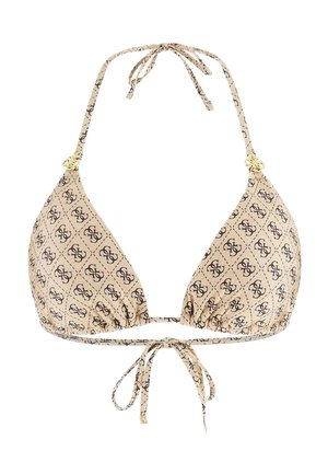 Top de bikini beige en forma de triángulo con estampado de monograma negro, cuello halter y lazos en la espalda, y pequeños adornos dorados cerca de las tiras.