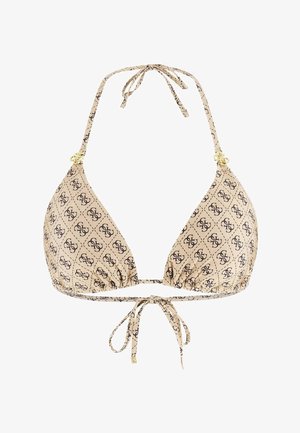 Top de bikini beige en forma de triángulo con estampado de monograma negro, cuello halter y lazos en la espalda, y pequeños adornos dorados cerca de las tiras.