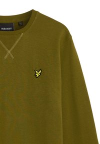 Felpa verde oliva con colletto a girocollo a coste, dotata di un logo ricamato di un'aquila gialla e nera sul lato sinistro del petto. Tessuto morbido.