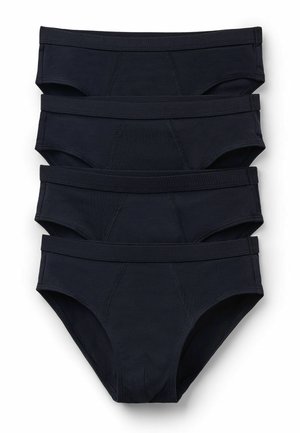Ensemble de quatre slips en tissu bleu marine foncé avec une texture lisse, une taille élastique et des détails de couture subtils. Coupe classique de slip.