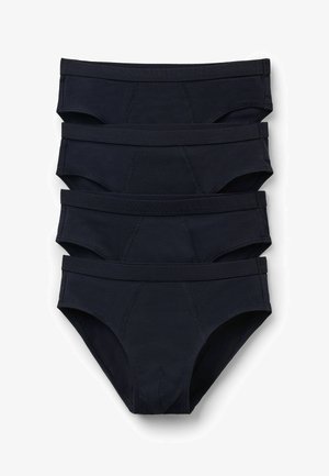 Sada čtyř tmavě námořnických látkových slipů s hladkým povrchem, elastickým pasem a jemnými detaily v švu. Klasický střih slipů.