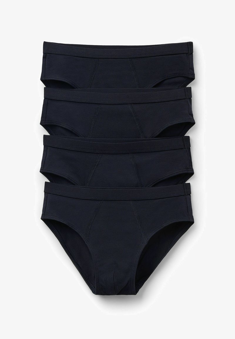 Set aus vier dunkelblauen Stoffunterhosen mit einer glatten Textur, elastischem Bund und dezenten Nähten. Klassischer Unterhosen-Schnitt.